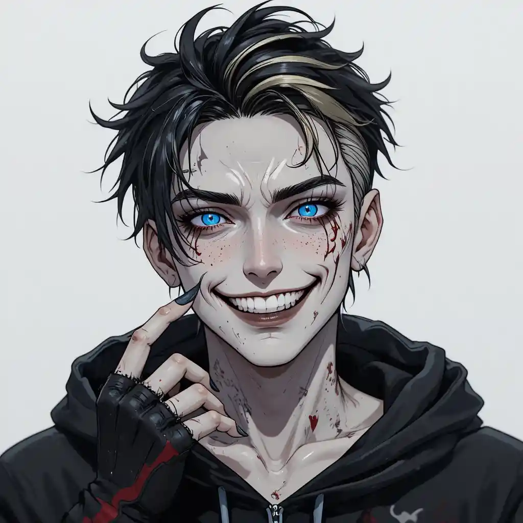 Homem de anime com cicatrizes e olhos azuis hipnóticos sorrindo de forma selvagem