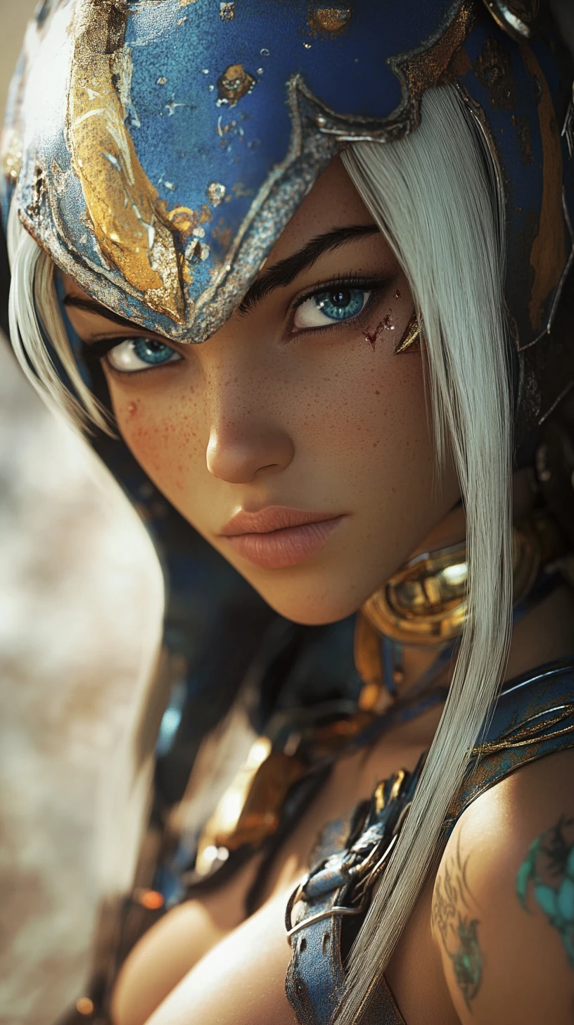 Retrato en primer plano de guerrera de anime con cicatrices y armadura azul