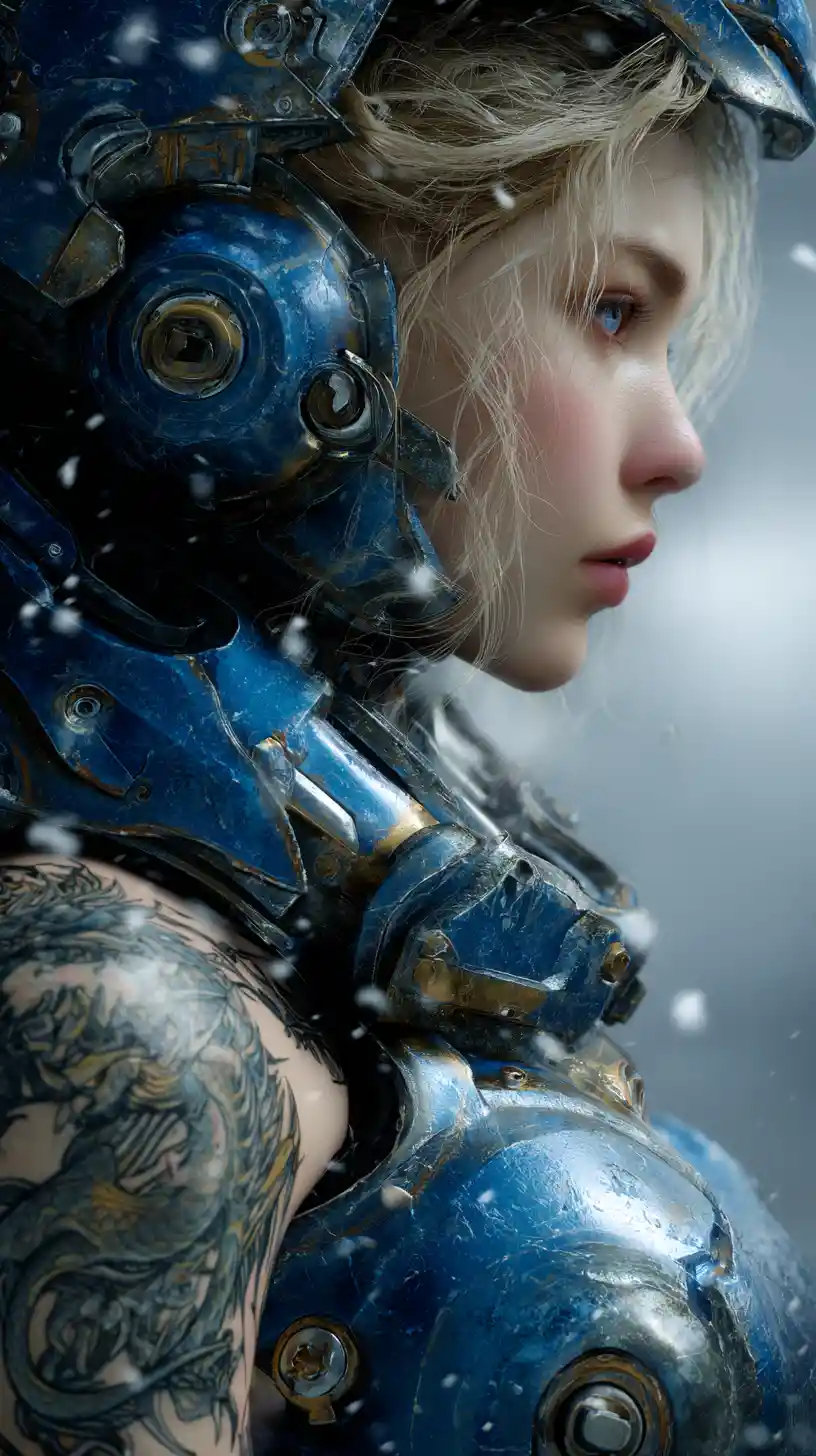 Donna futuristica corazzata con tatuaggio di drago nella nebbia invernale
