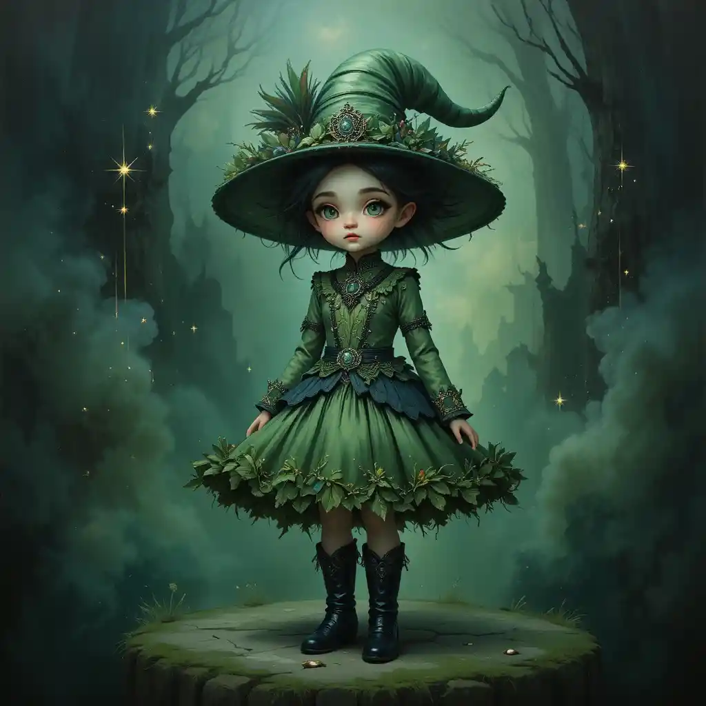 Chica gnoma de verde y negro ante una niebla brillante