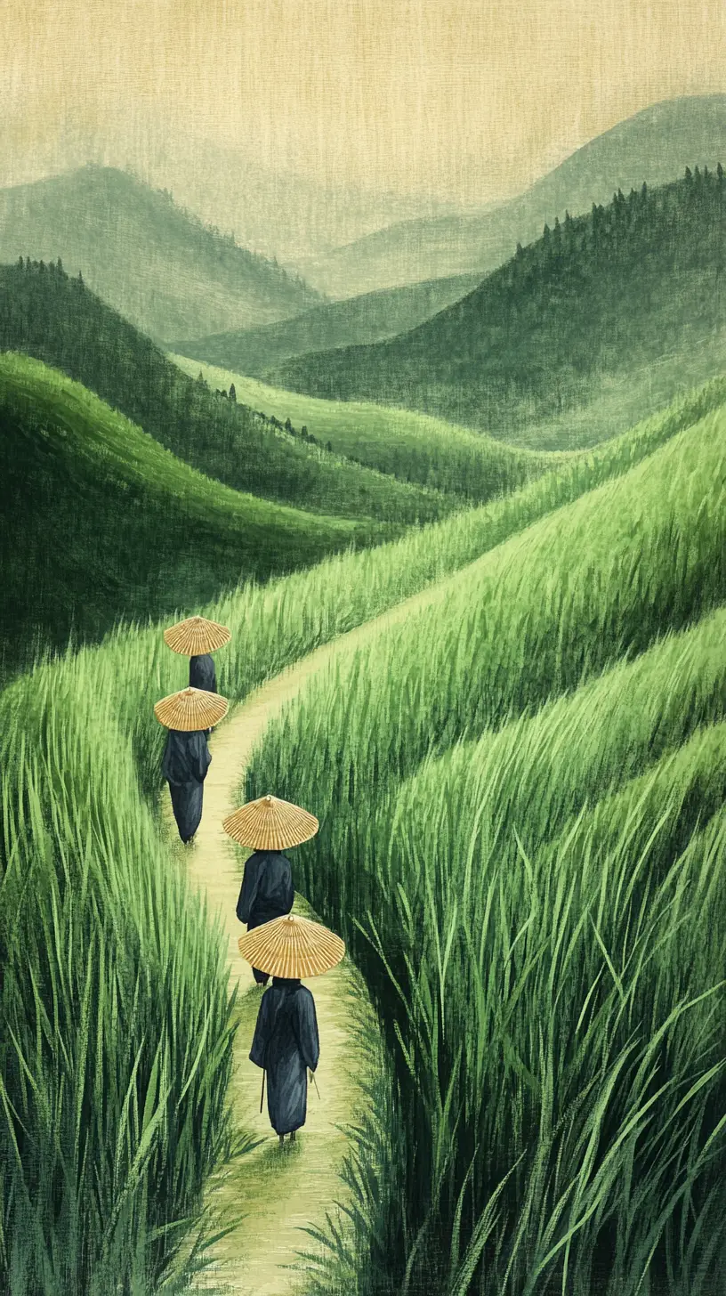 Figure con cappelli conici che attraversano un vasto campo verde di grano