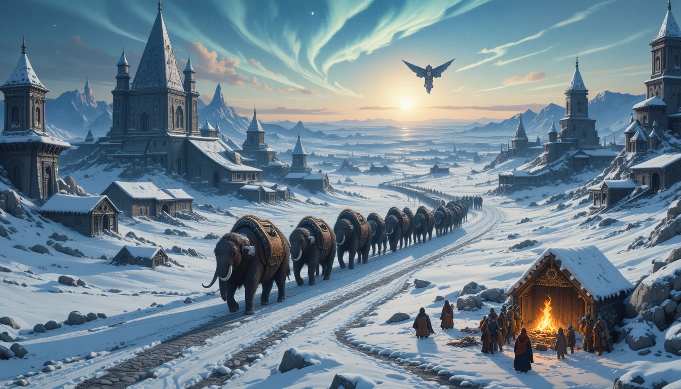 猛獁象行進穿越雪中奇幻城市