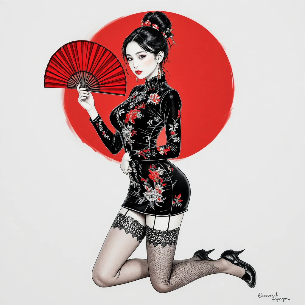 Elegant woman in black cheongsam against bold red background
