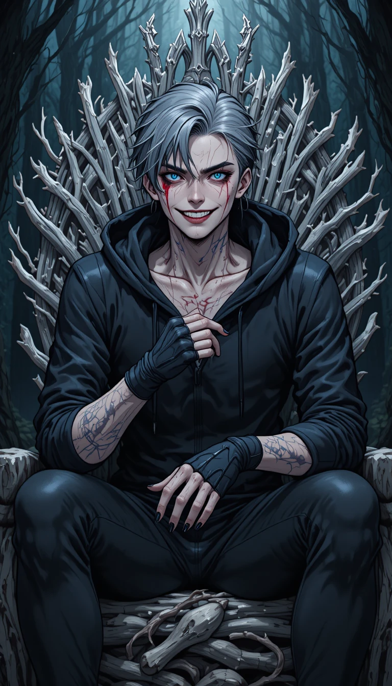 黑暗森林中骨頭王座上的動漫男子