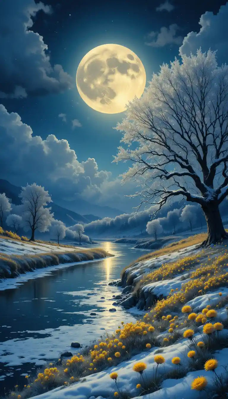 Moonlit winter river with frosted trees and distant lights