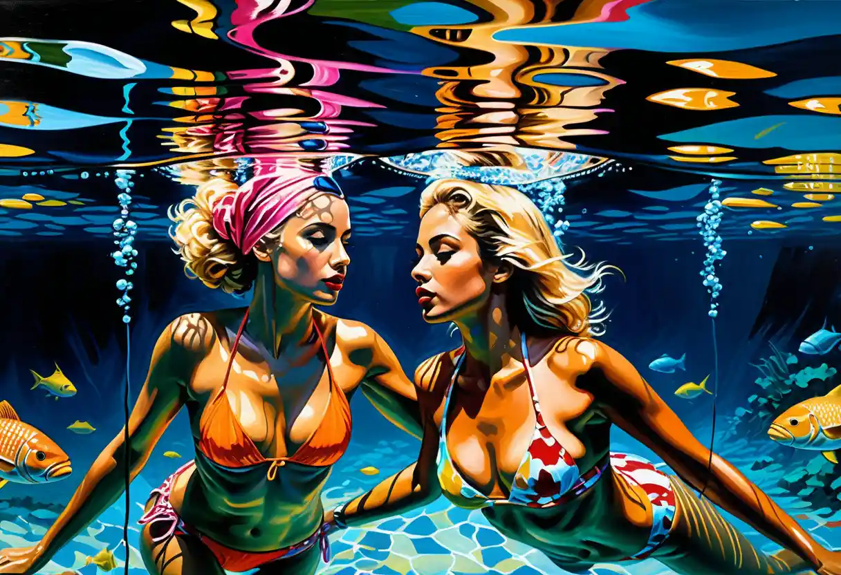 Two women swimming underwater in fantasy pinup style