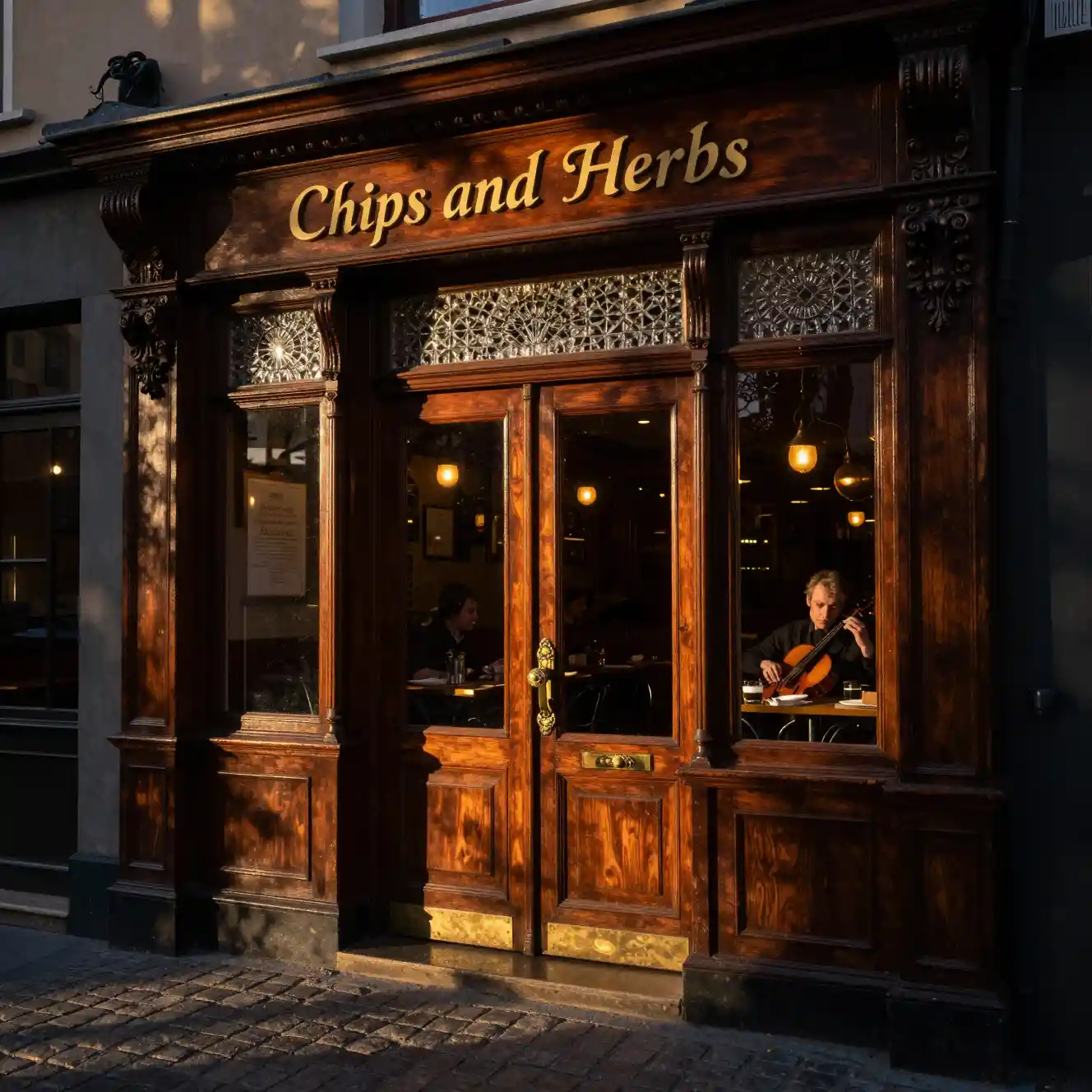 Ornate restaurant entrance glowing on a cobblestone street