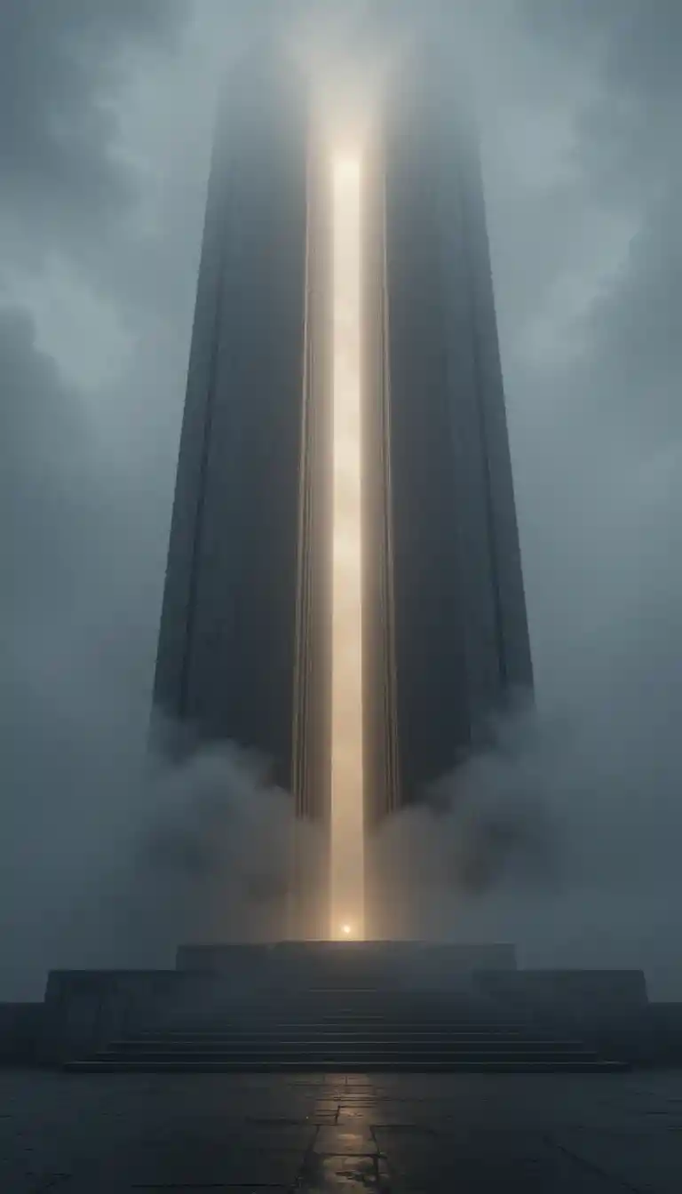 Minimalist monument rising through fog with central light beam