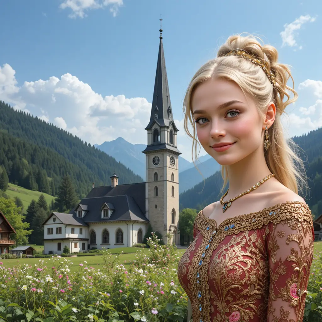 Femme blonde souriante en robe ornée rouge et or