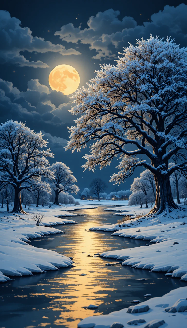 Moonlit winter river with frosted oak and distant village