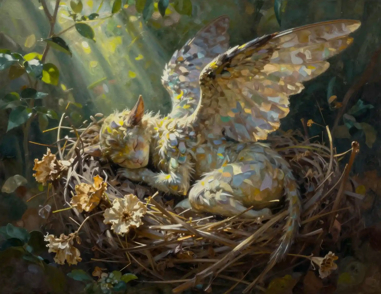 Winzige geflügelte Fee, die in einem Nest aus getrockneten Blumen schläft