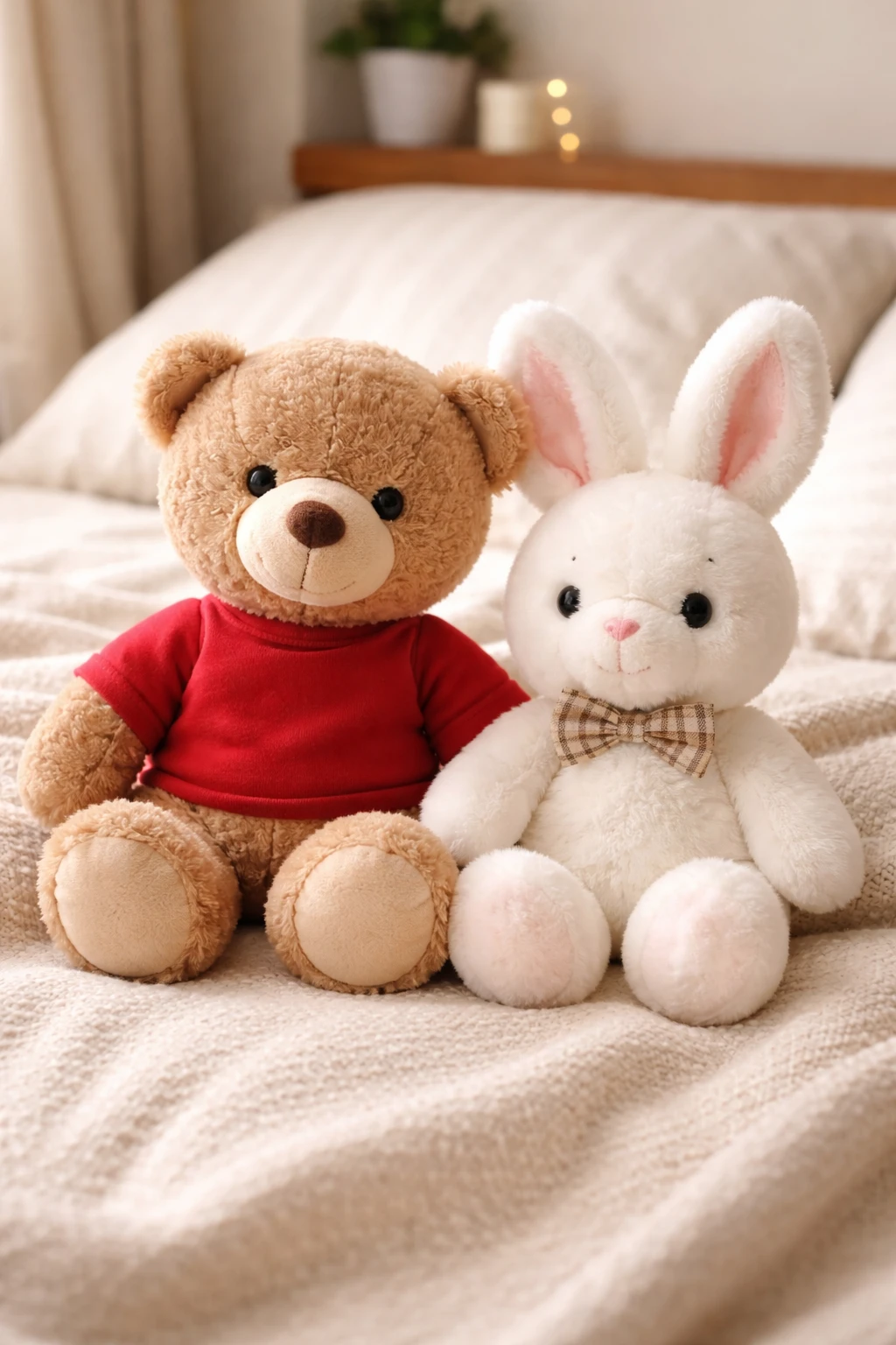 Urso de pelúcia marrom e coelho branco sentados juntos na cama