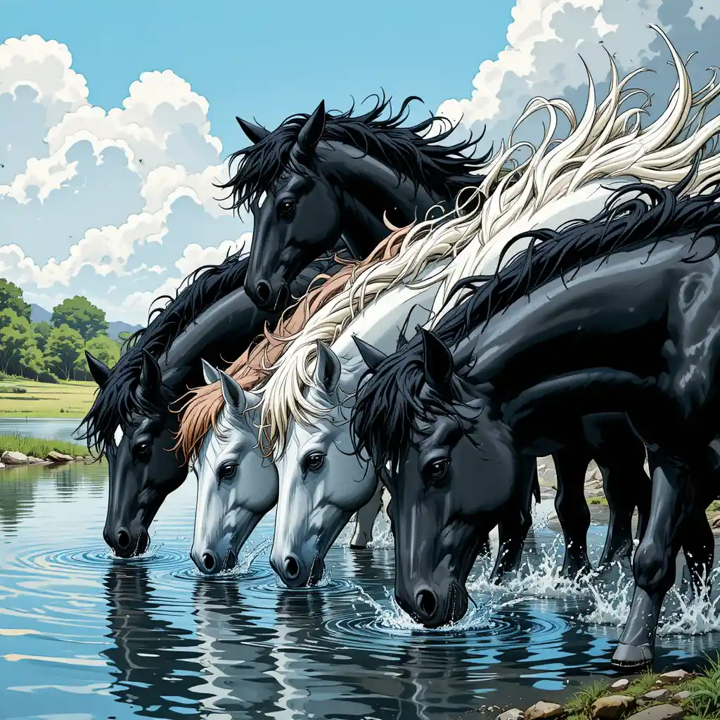 Mustangs Drinking At A Serene Lake In Comic Art Style