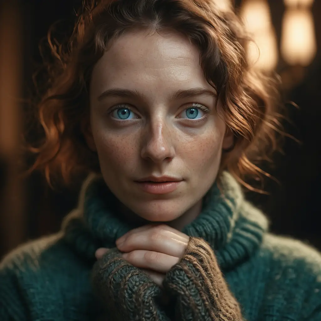 Intimate portrait of a freckled woman with blue green eyes