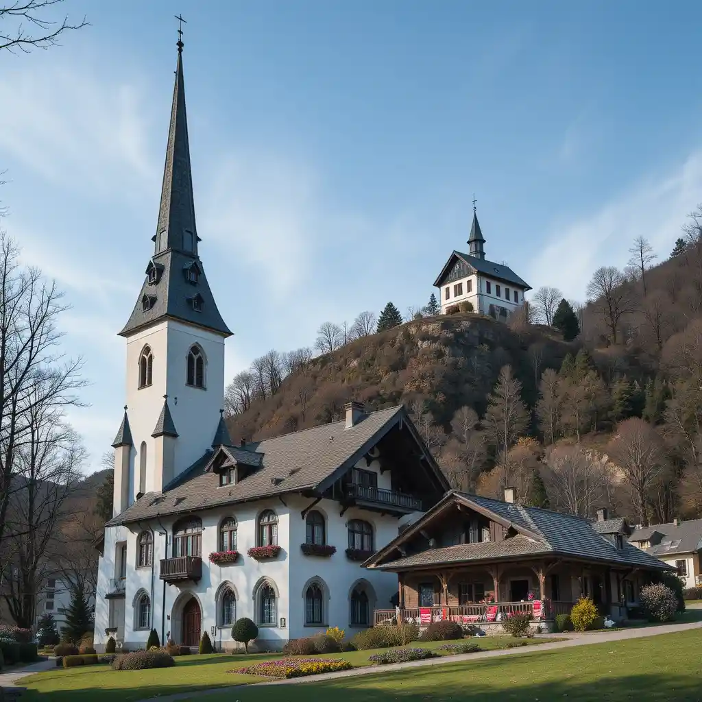 Flèche d’église néogothique dominant un village alpin
