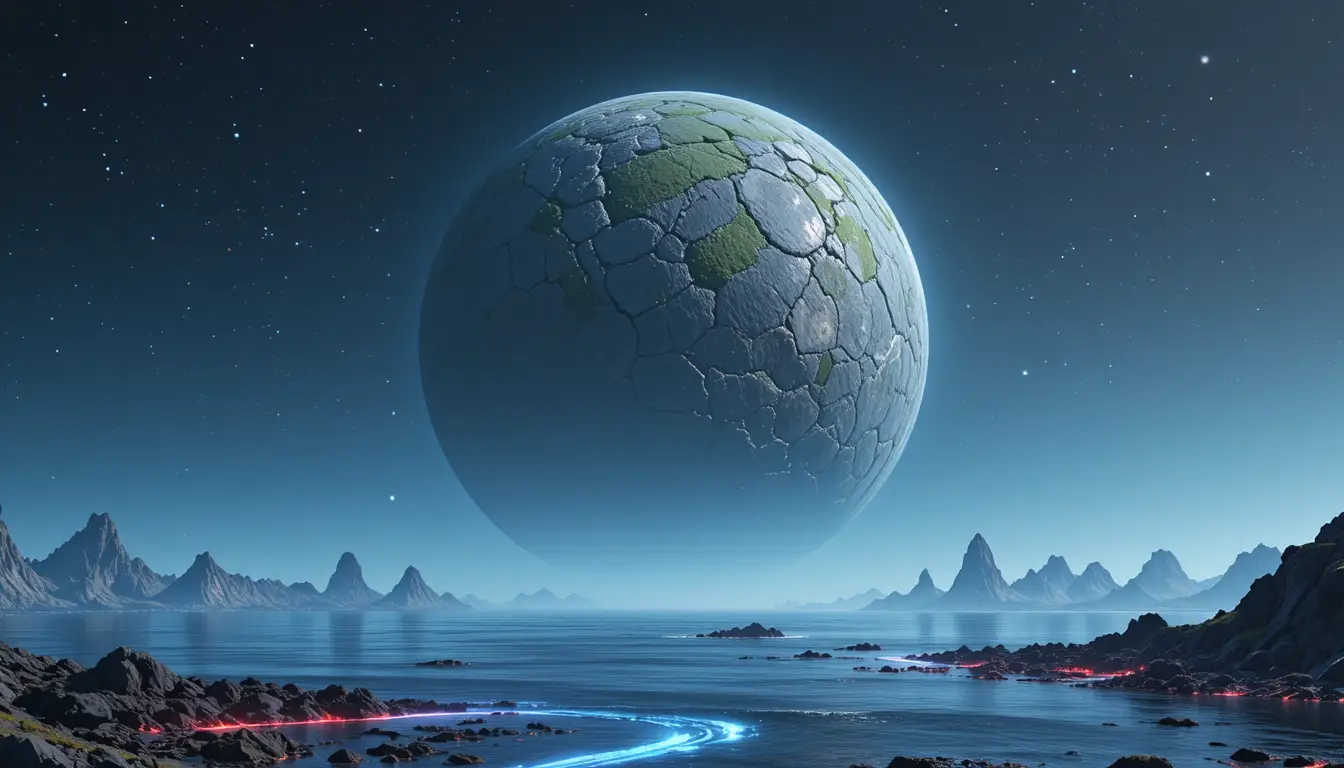 Knorriger Alien-Planet über ruhigem, leuchtendem Ozean in der Nacht