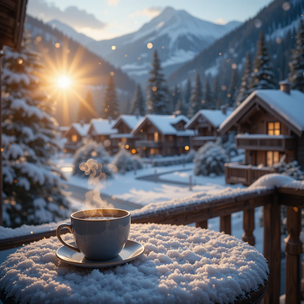 Café douillet sur balcon enneigé dans un paisible village alpin