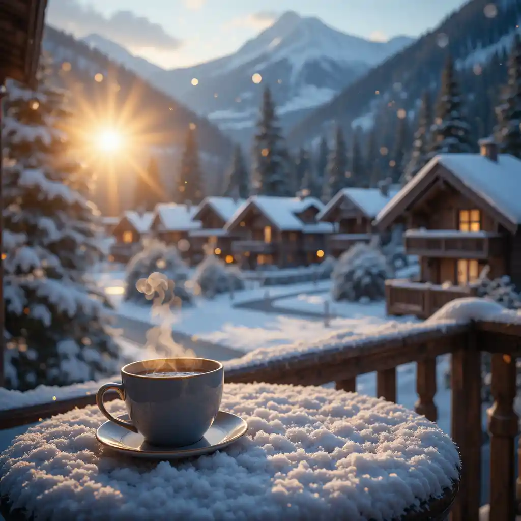 Gemütlicher Kaffee auf verschneitem Balkon im friedlichen Alpendorf