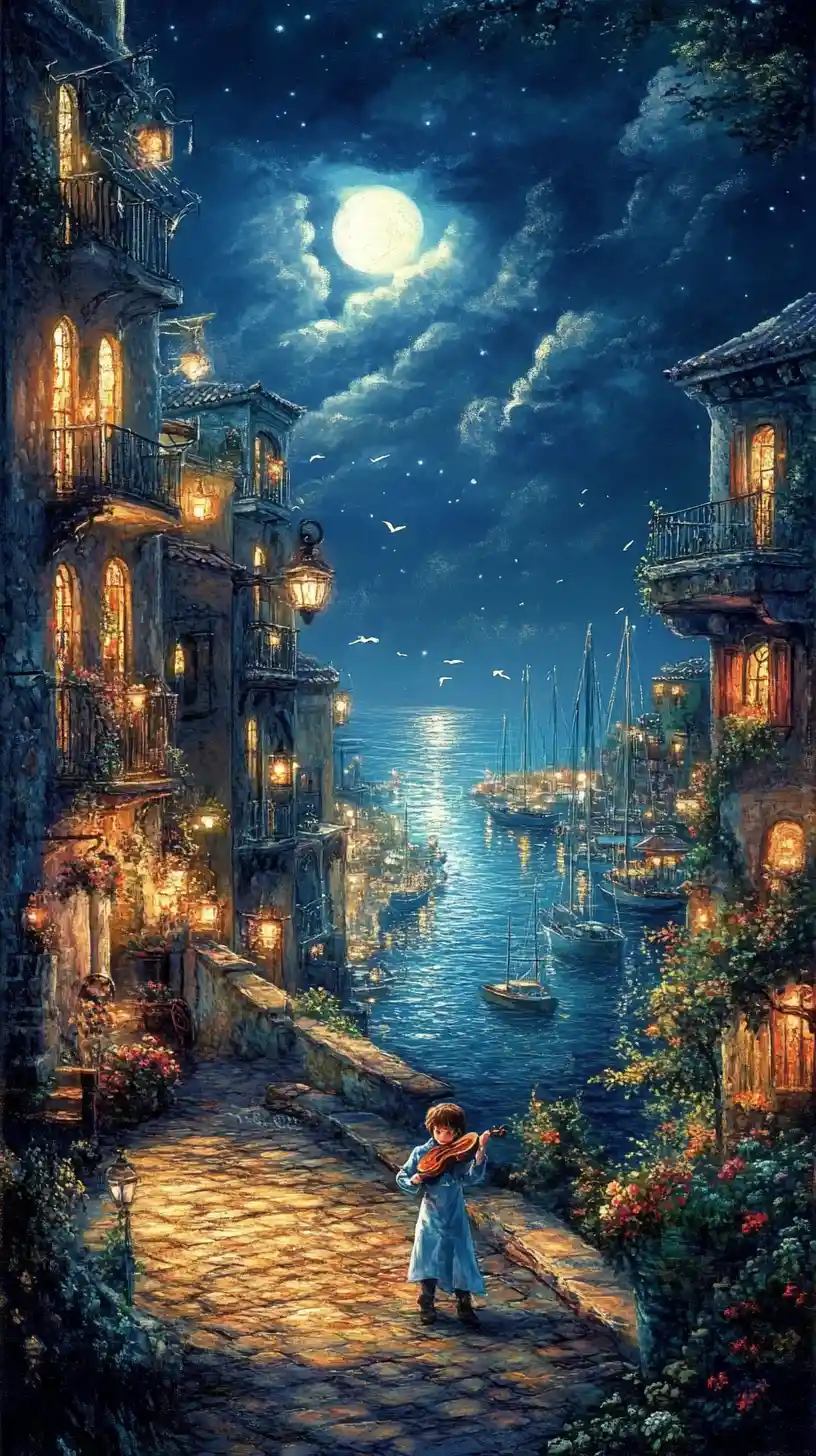 Glass fantasy painting of a boy playing violin at night