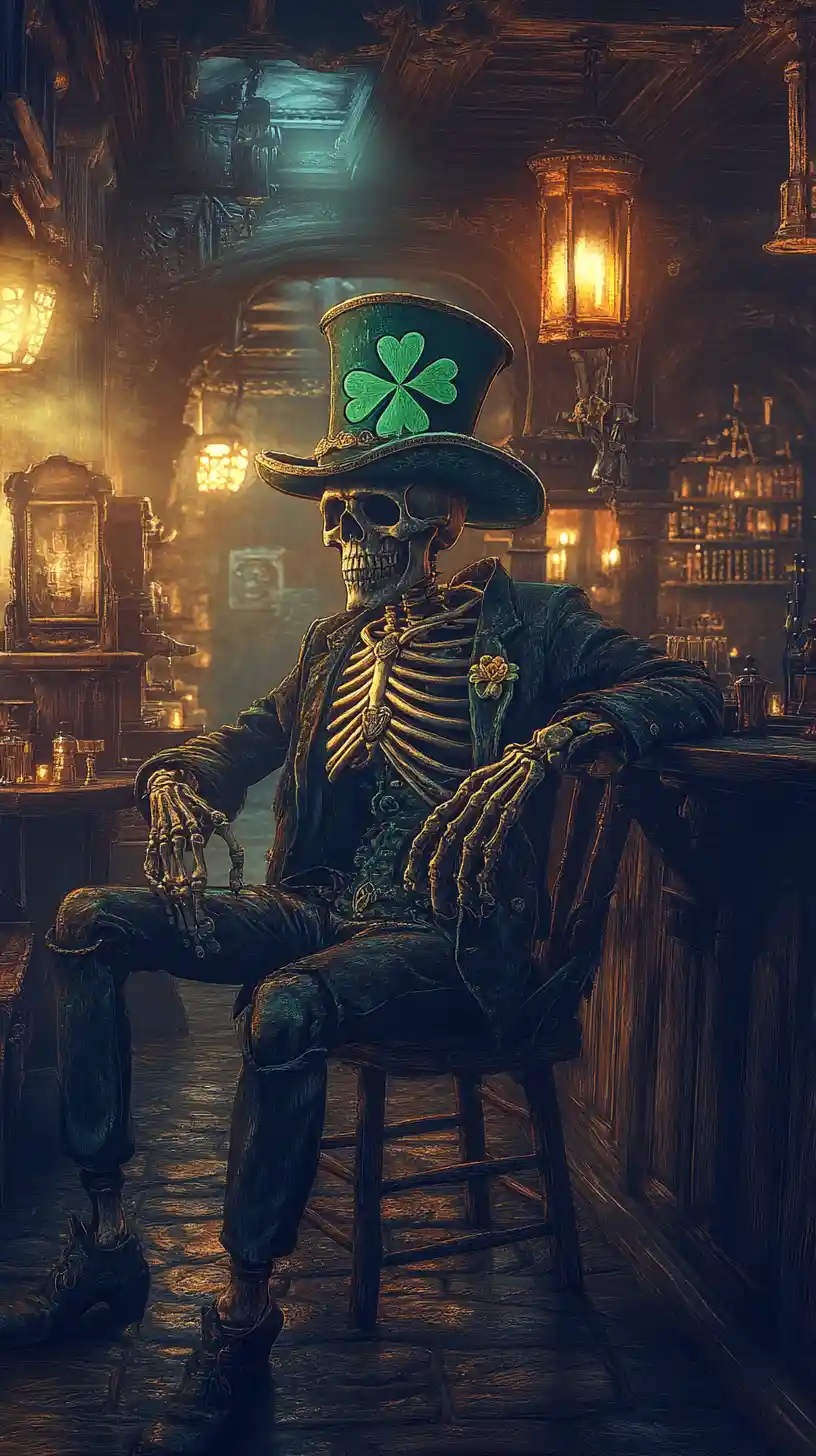Esqueleto com chapéu de trevo em um pub irlandês assombrado
