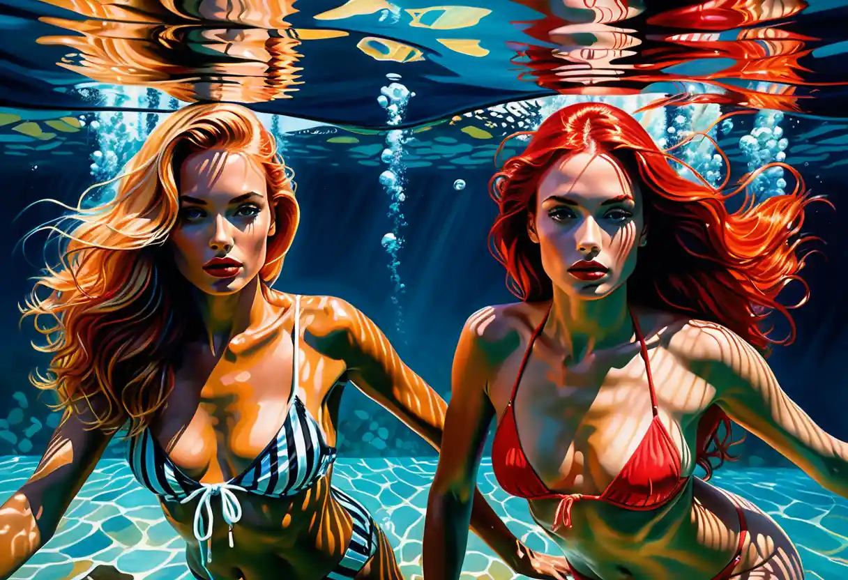 Due donne in bikini in una sognante baia sottomarina fantasy