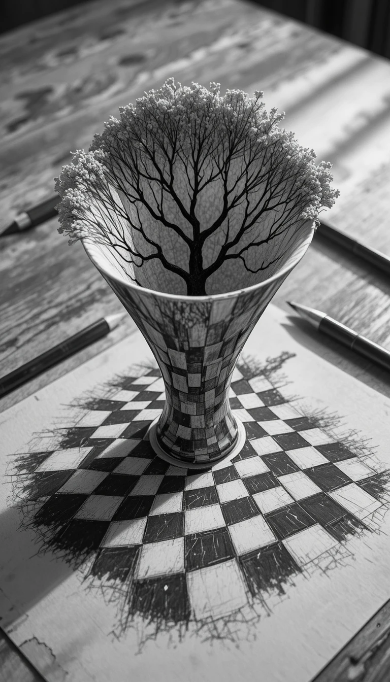 Optical Illusion Funnel Drawing On Wooden Table