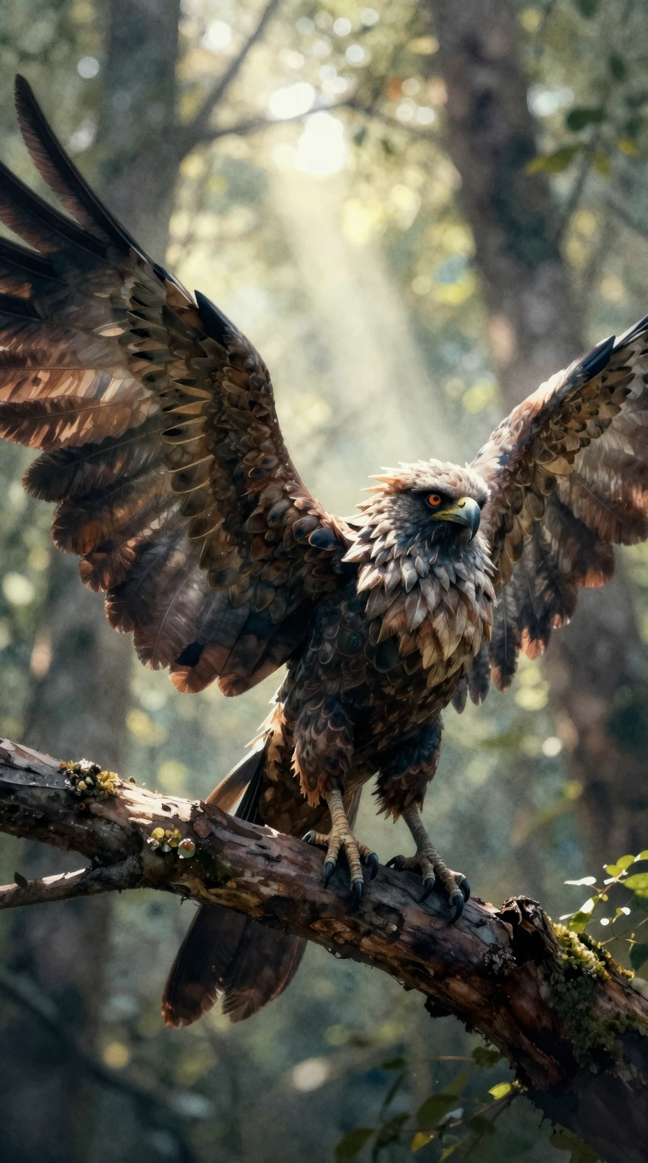 Harpia mítica empoleirada em um galho de árvore na floresta escura