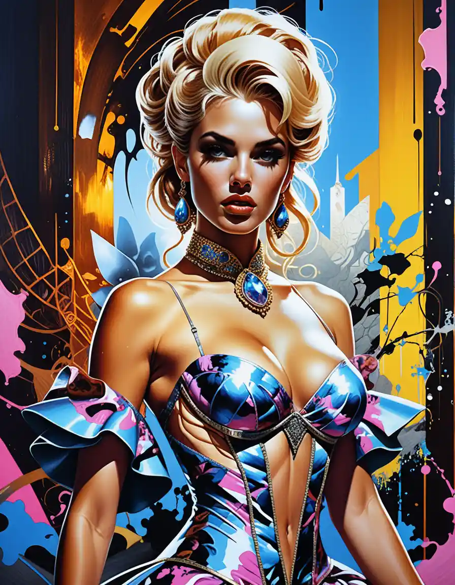 Blonde vampire pinup in rainforest with jeweled gown