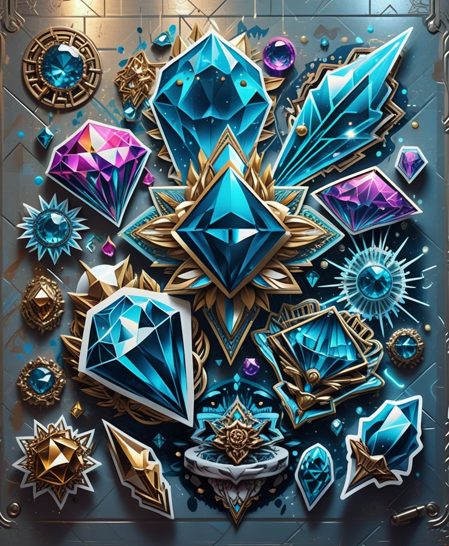 Amas de cristaux colorés sur planche de stickers blanche