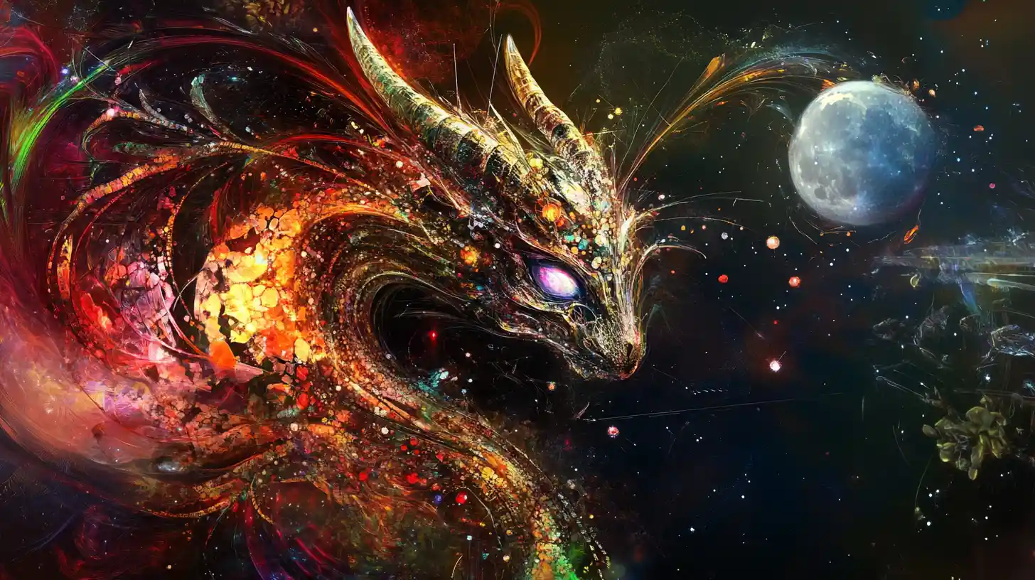 Bébé dragon surréaliste se dissolvant en flammes de géométrie abstraite