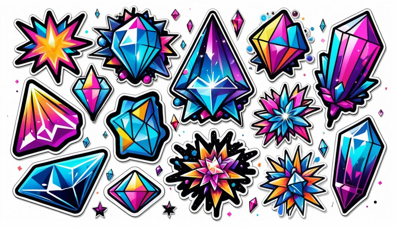 Planche d’autocollants de cristaux colorés au style fantaisie néon