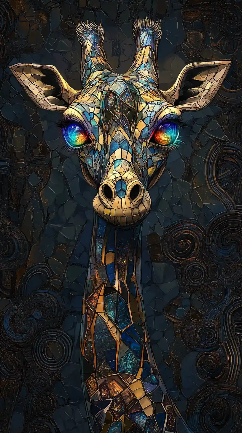 Girafa mística em mosaico com olhos brilhantes em fantasia sombria