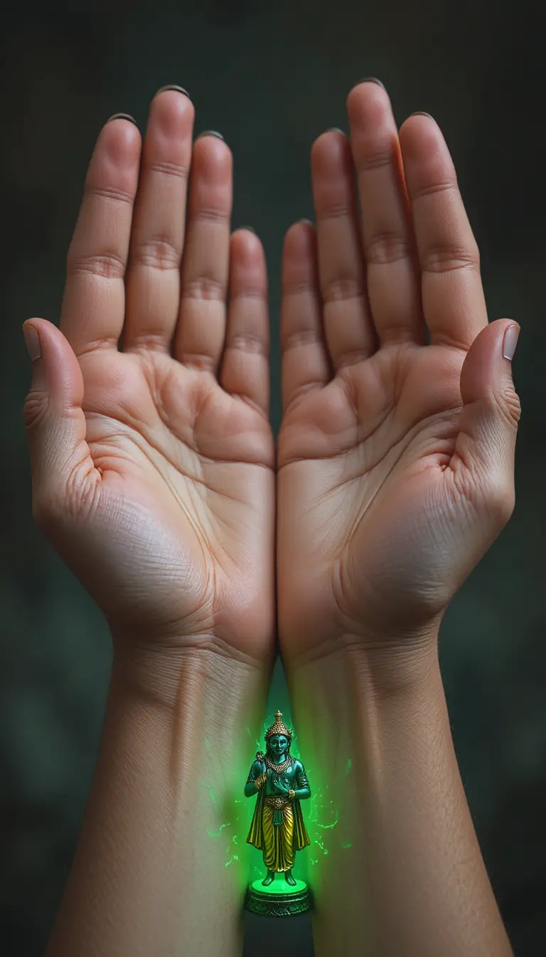 Nahaufnahme menschlicher Handflächen mit kleiner göttlicher Figur