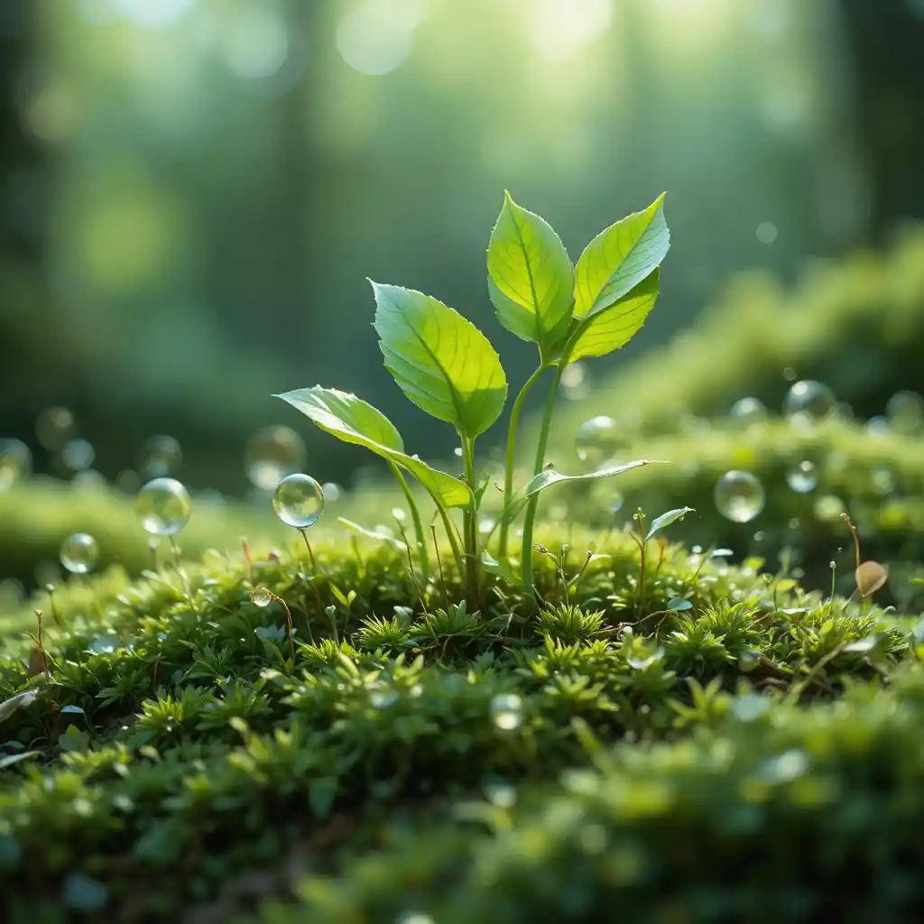 Folhas verdes frescas surgindo do musgo em macro suave