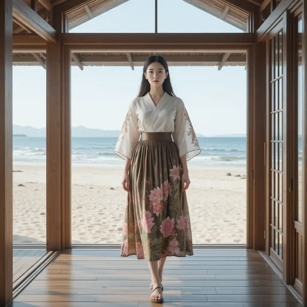 Mulher vietnamita com yukata em camadas ao lado de uma casa de praia