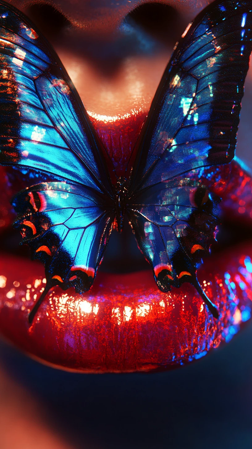 Fragments de papillon se dissolvant sur des lèvres rouges surréalistes et brillantes