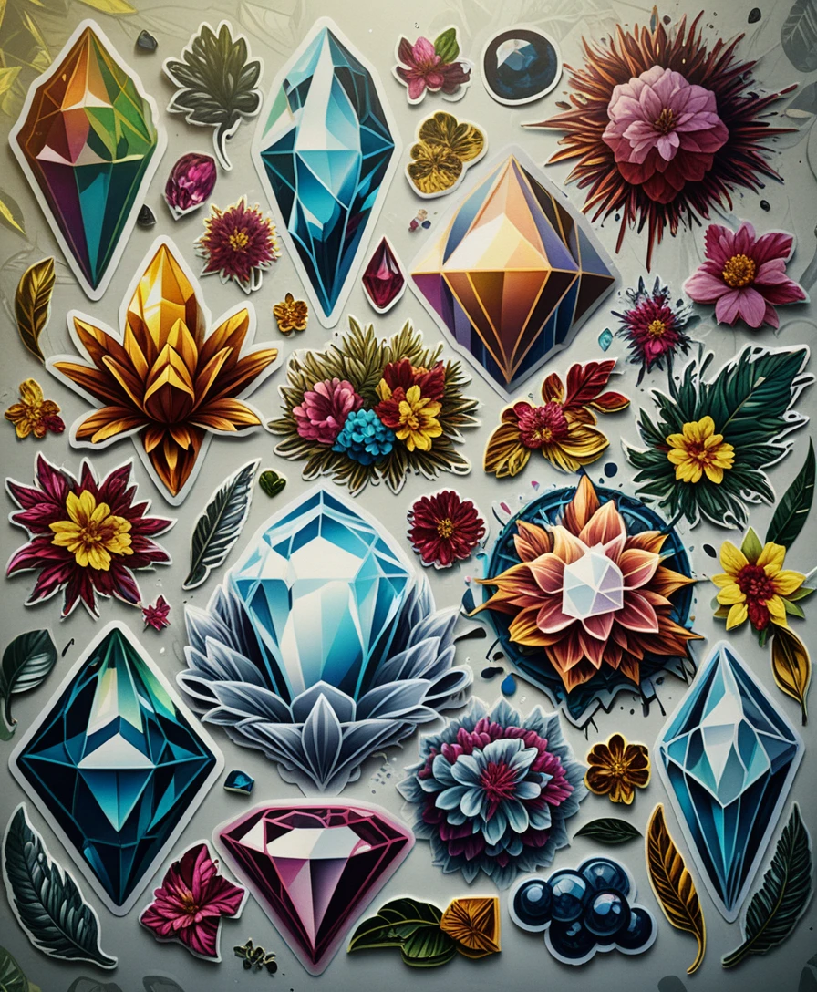 Illustrazione di grappolo di cristalli colorati con accenti fantasy al neon