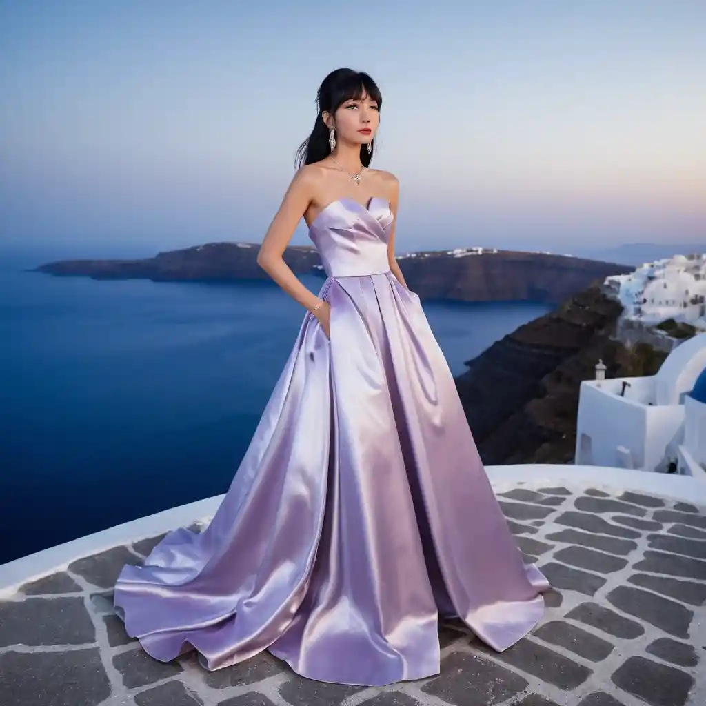 Garota japonesa elegante em vestido de cetim roxo à noite