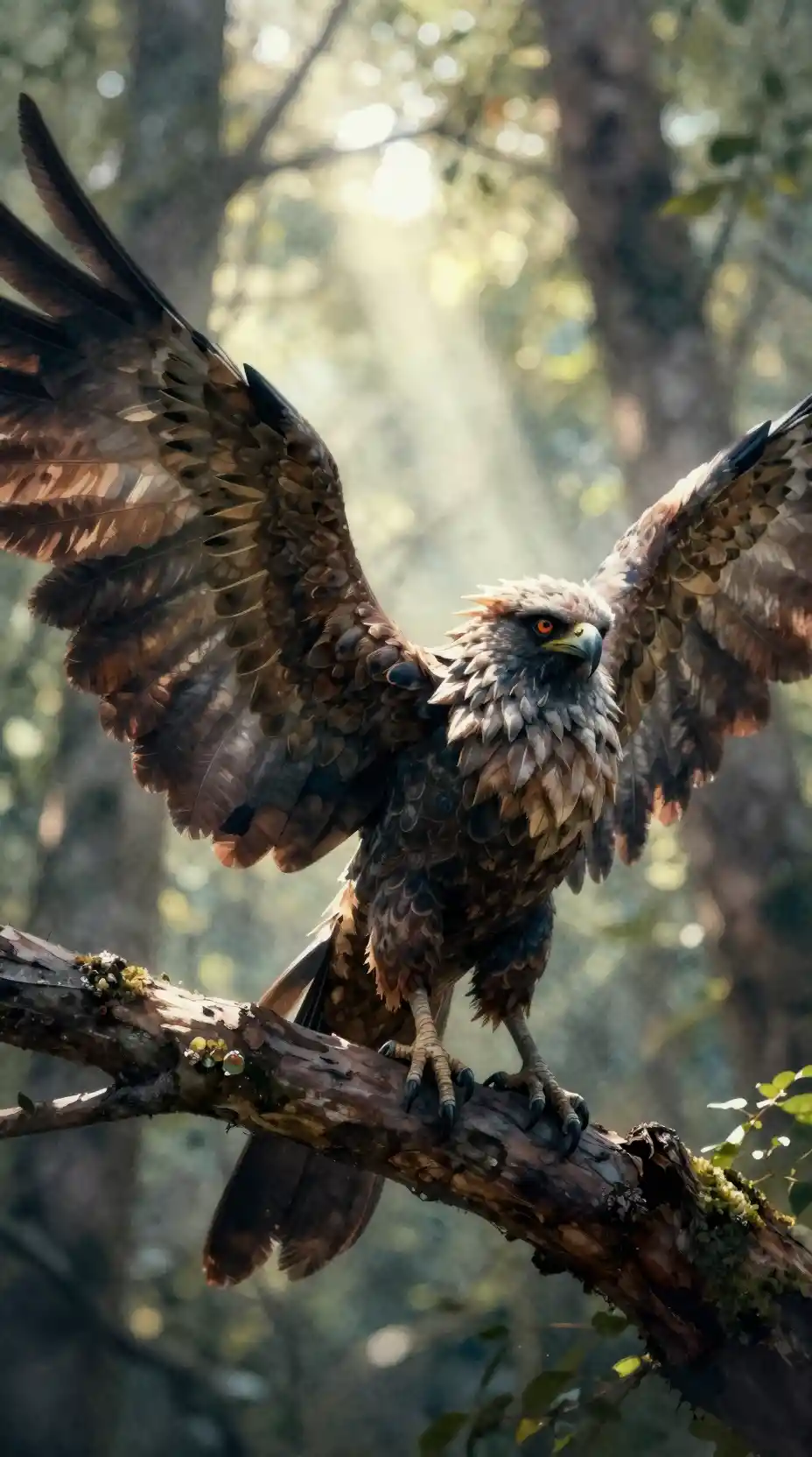 Harpia mítica empoleirada em um galho de árvore na floresta escura