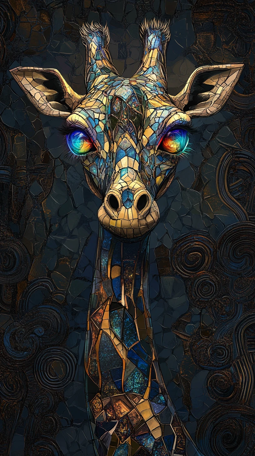 Girafa mística em mosaico com olhos brilhantes em fantasia sombria