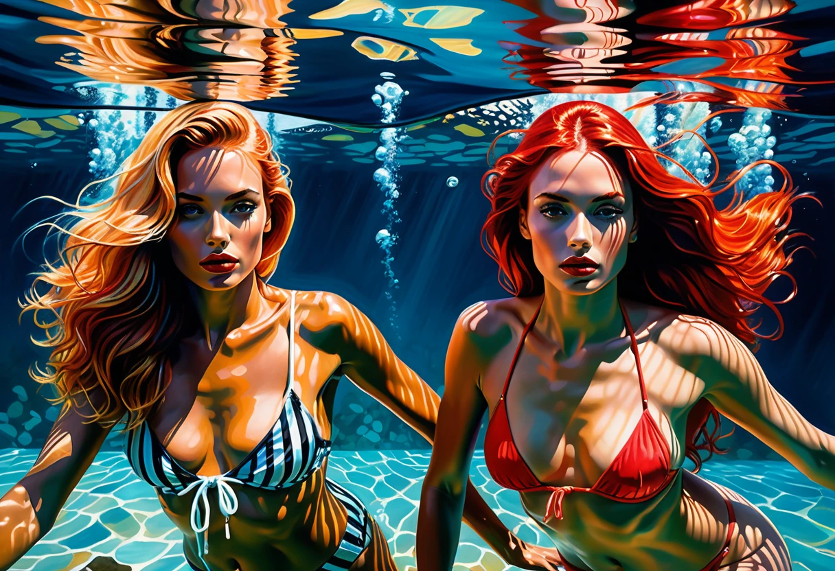 Due donne in bikini in una sognante baia sottomarina fantasy