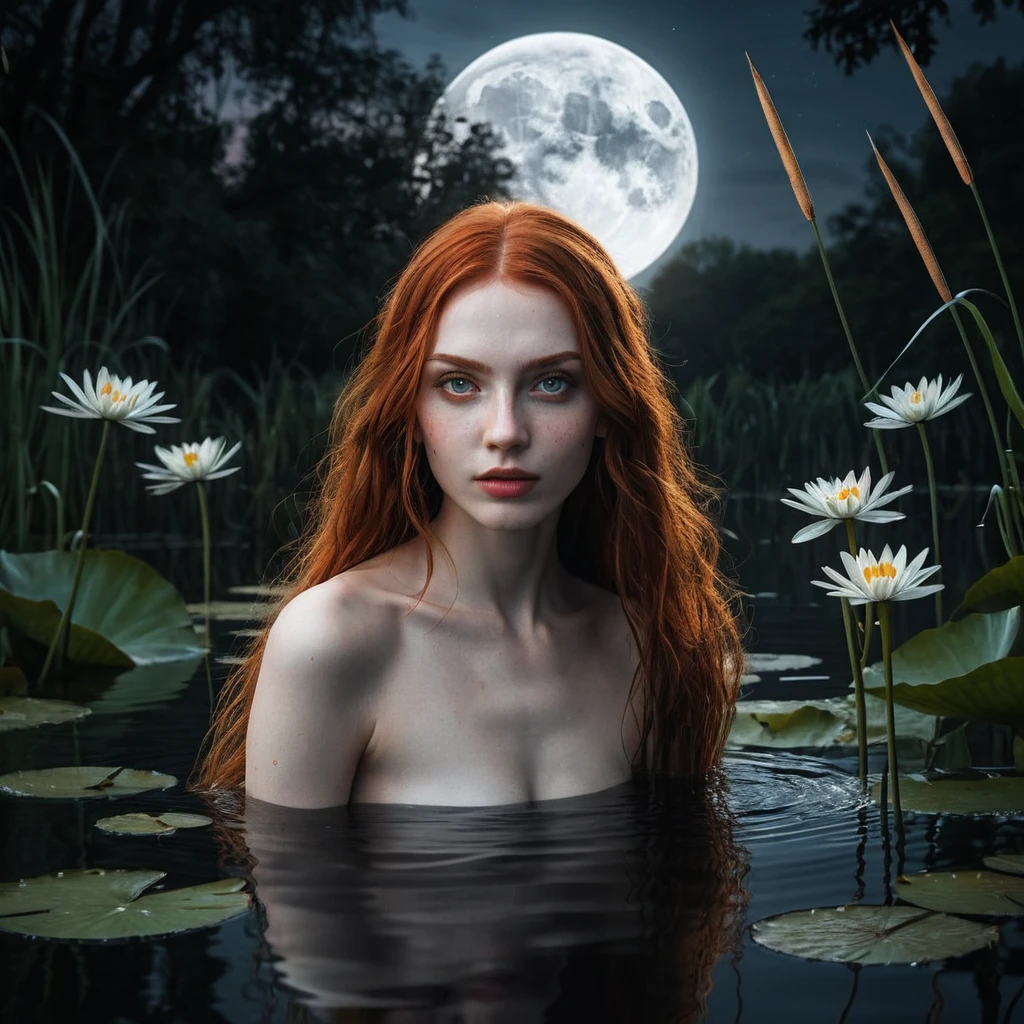 Niña espíritu inquietante con ojos rojos junto a un lago a la luz de la luna