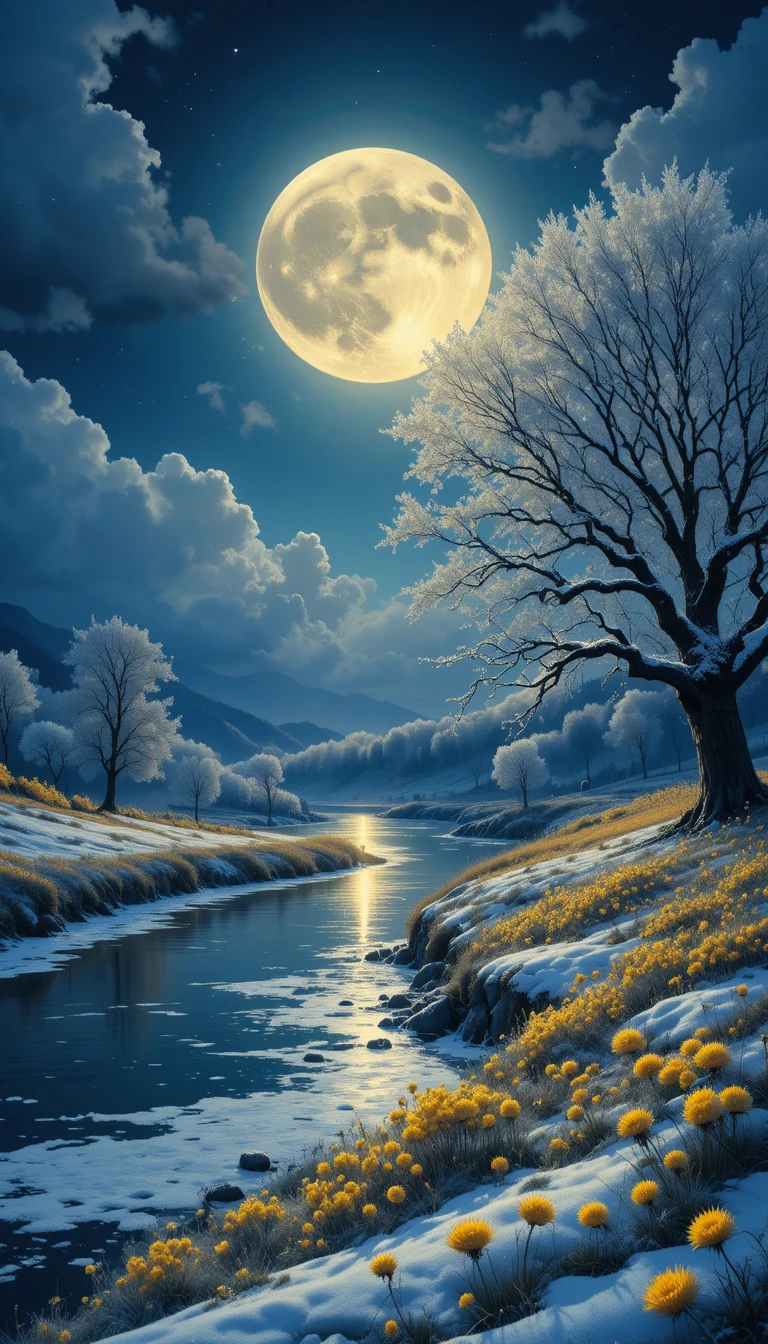 Moonlit winter river with frosted trees and distant lights