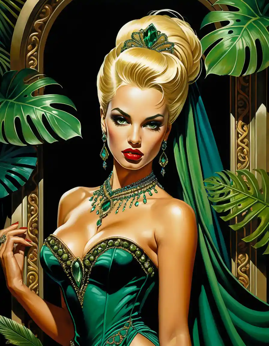 Blonde vampire pinup in tropical gothic masquerade gown
