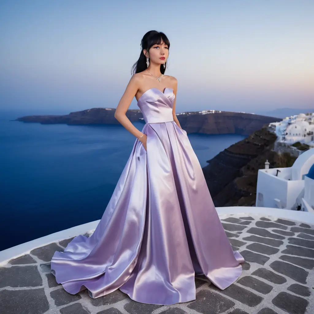 Garota japonesa elegante em vestido de cetim roxo à noite