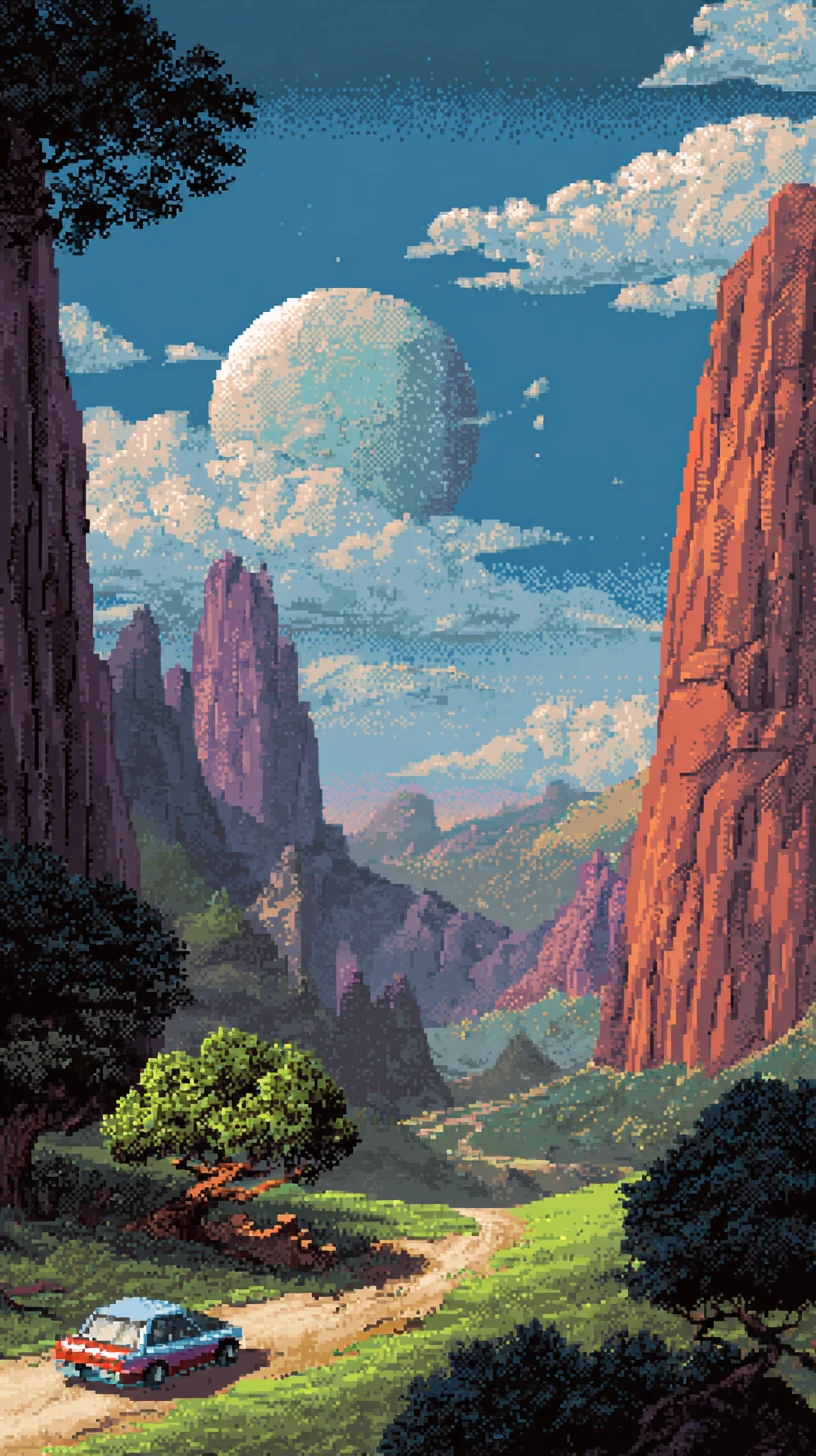 Paysage en pixel art rétro-futuriste au style 8 bits éclatant