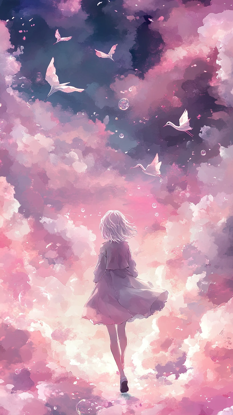 Anime girl walking along a watercolor path in clouds