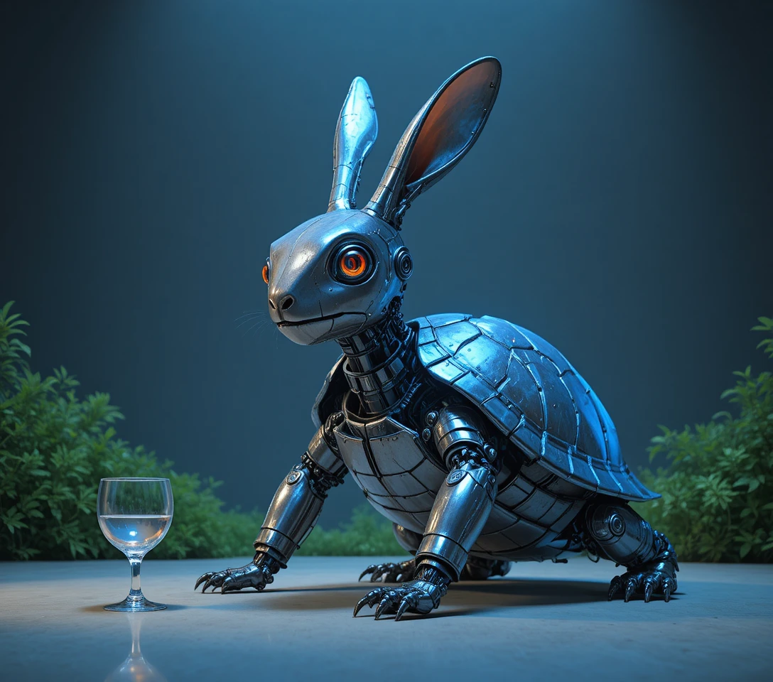 Futuristic robotic rabbit turtle hybrid in dark minimal scene