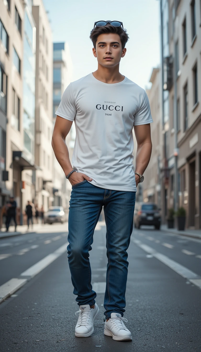 Jovem estiloso com roupa de grife na rua da cidade