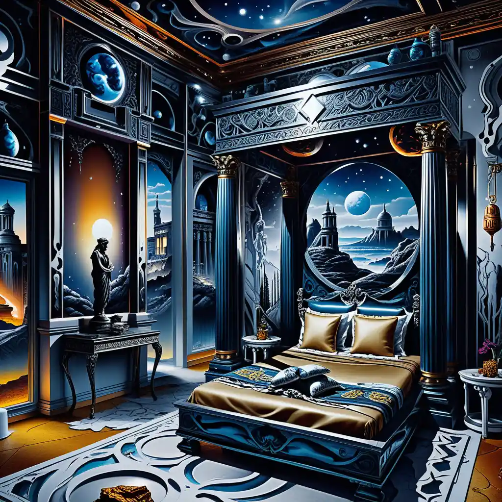 Fantasy Greek temple villa diorama with neon lit interior